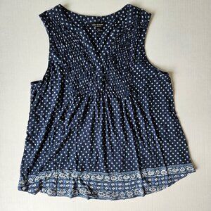 Lucky Brand Women's Size M Sleeveless Tank Top Blue White Pattern Elastic Boho